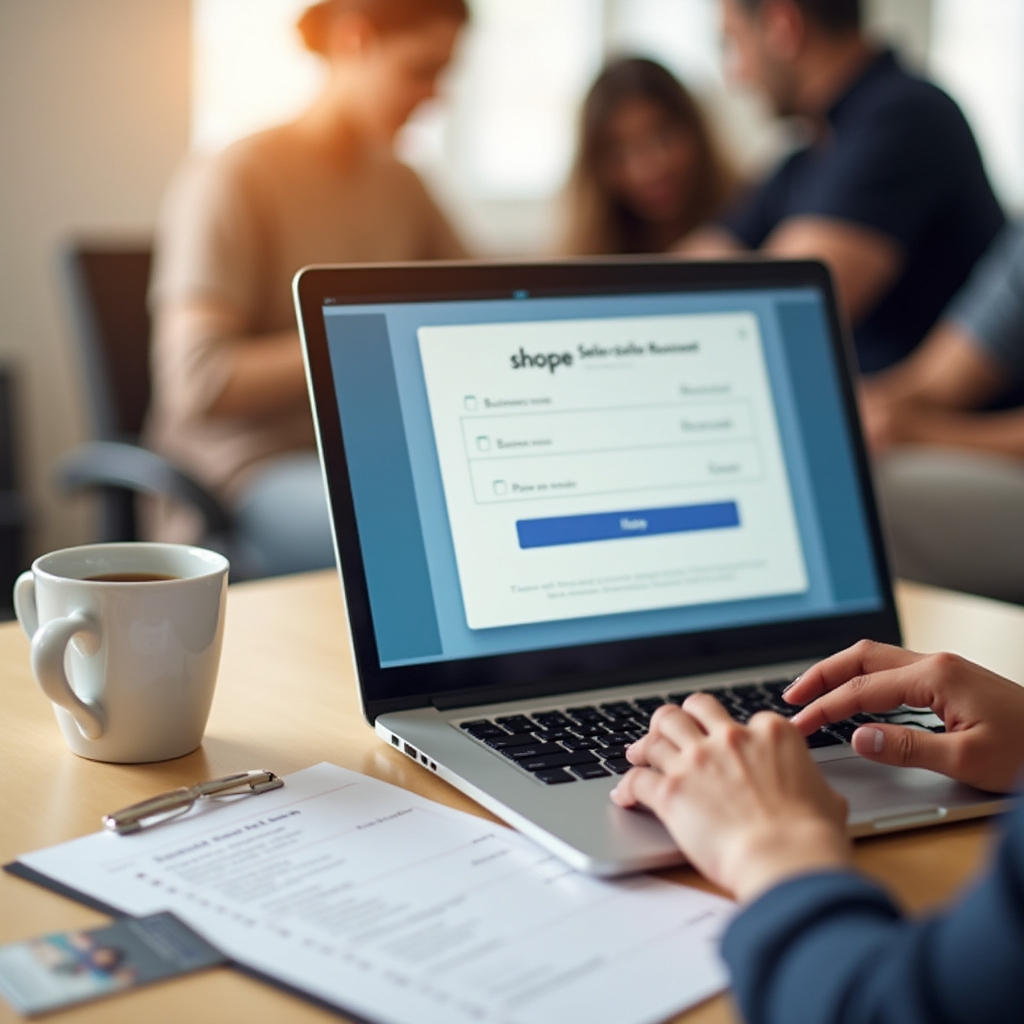 Laptop screen showing Shopee seller account registration form being completed during workshop