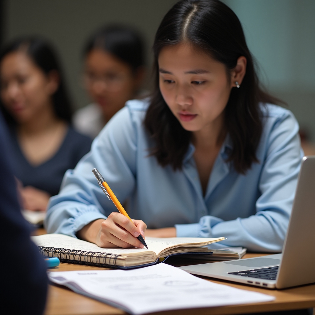 Workshop participant taking notes in a notebook while following along on a laptop during the FreshNode Digital seller training session