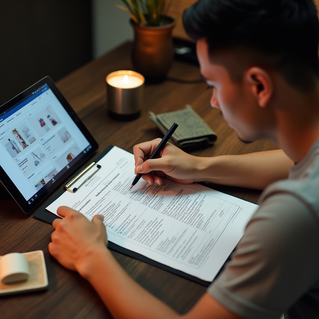 Online seller reviewing a product listing checklist on a tablet next to packaged products ready to ship