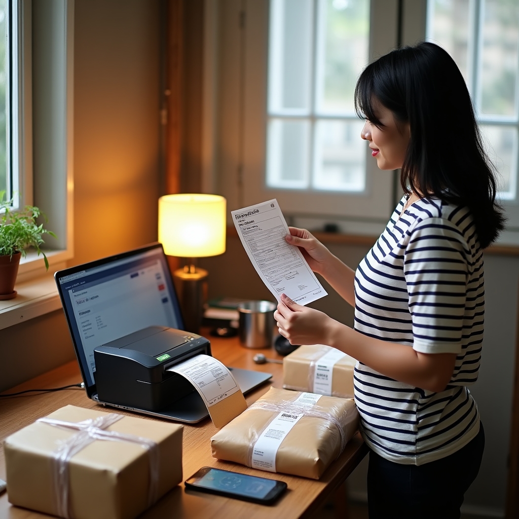 Online seller printing shipping waybills from laptop with J&T Express packages ready for pickup