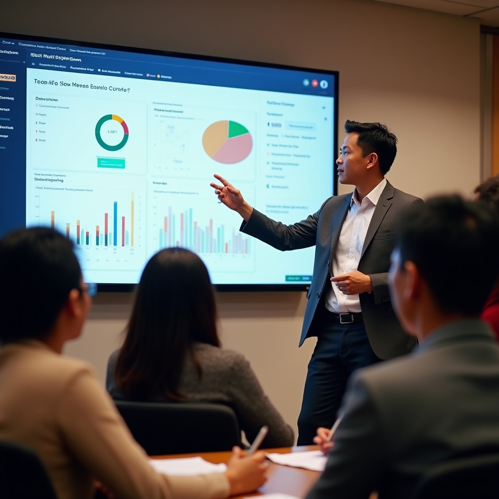 FreshNode Digital trainer explaining seller dashboard metrics on a large screen to workshop participants