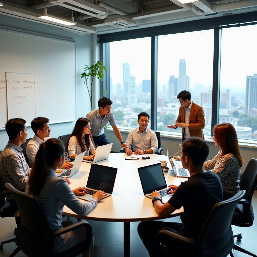 Workshop group working on laptops together in a modern coworking space in Makati City Philippines